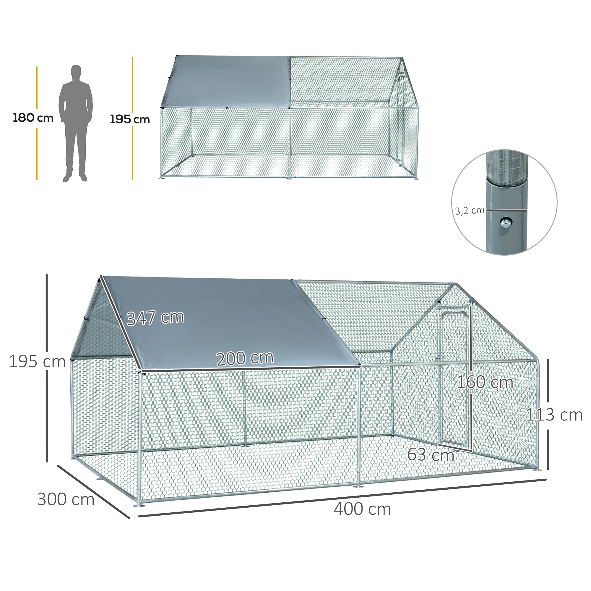 Gaiola grande para aves PawHut, em metal galvanizado, para uso externo, 3x4x1,95 m, com porta e cobertura em tecido Oxford, resistente a raios UV e à água, ideal para pátios, cor prata.