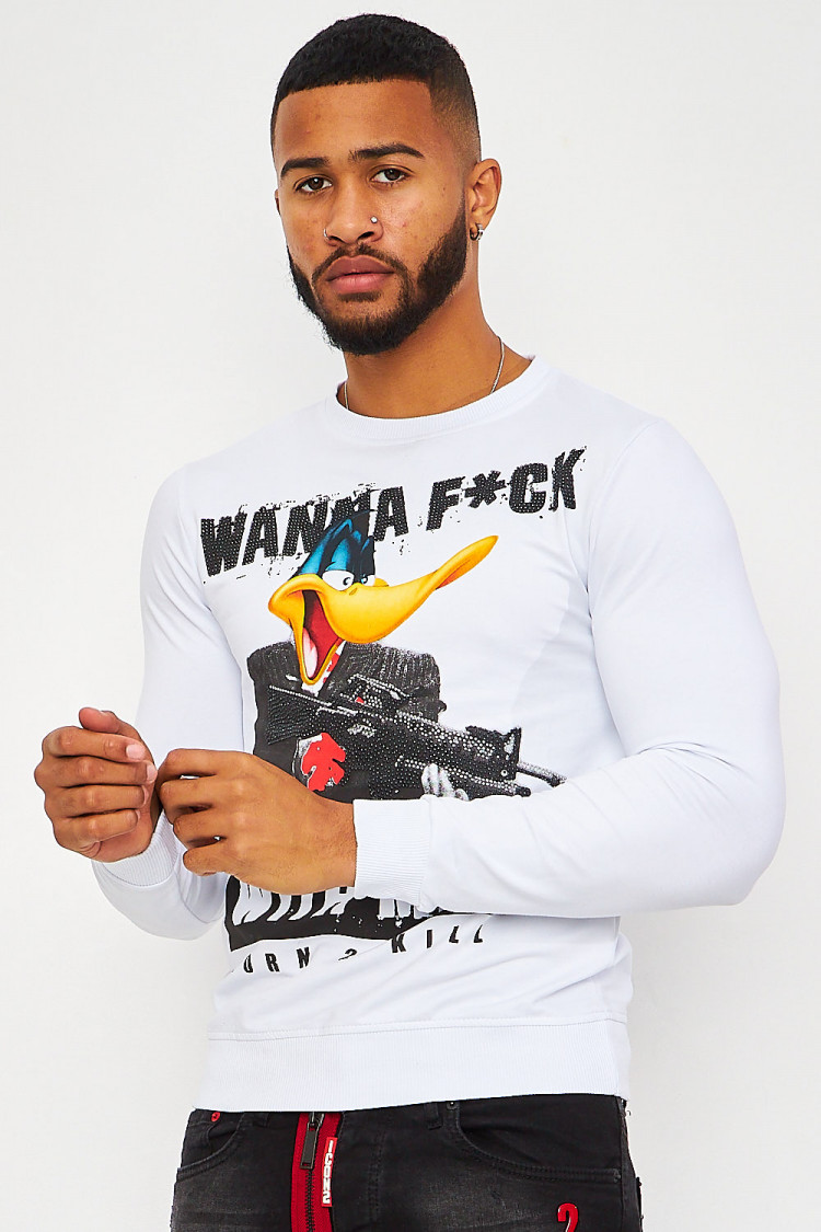 Sweat blanc illustré avec strass 