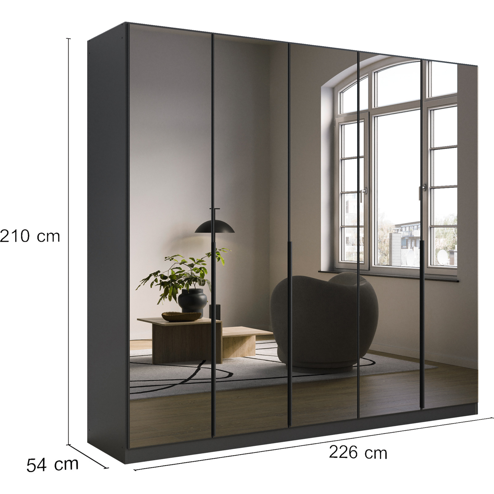 Drehtürenschrank Skyla, 226 x 210 x 54 cm, mit Spiegelfront anthrazit