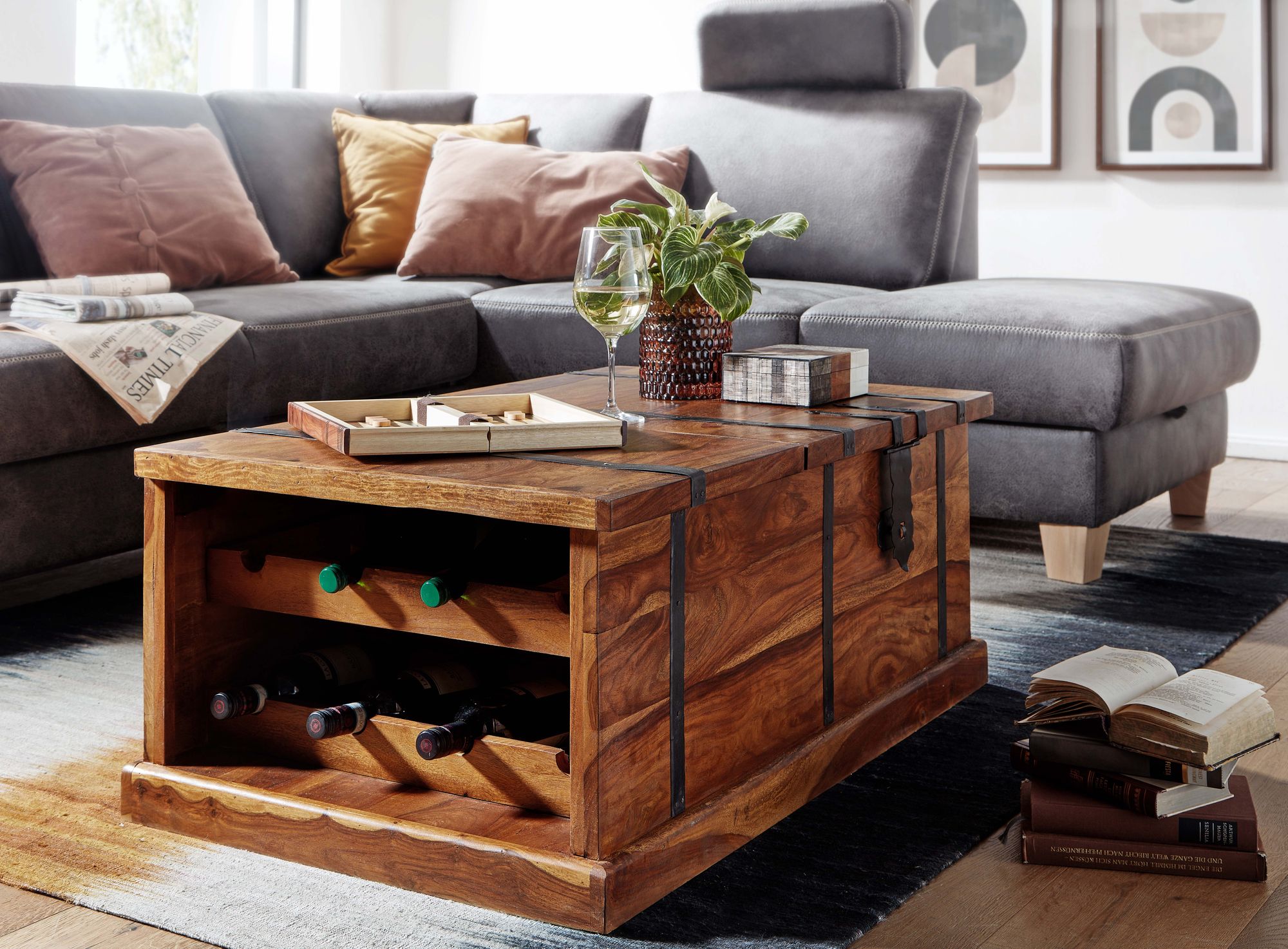 Couchtisch FineBuy Truhentisch 100x60x40 cm Massivholz Tisch Wohnzimmer Modern