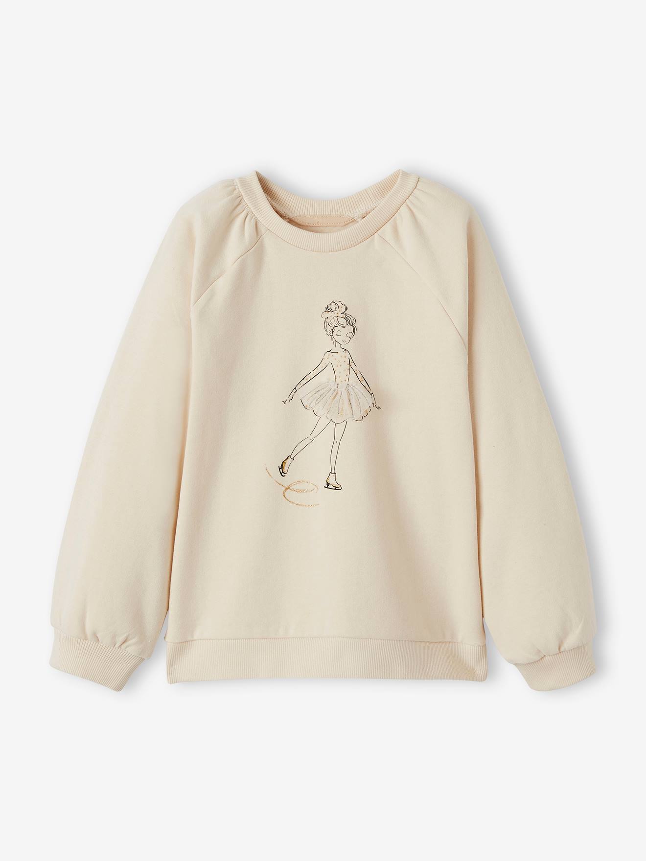 Blusa de moletom feminina com detalhes delicados e mangas franzidas, bege claro liso.