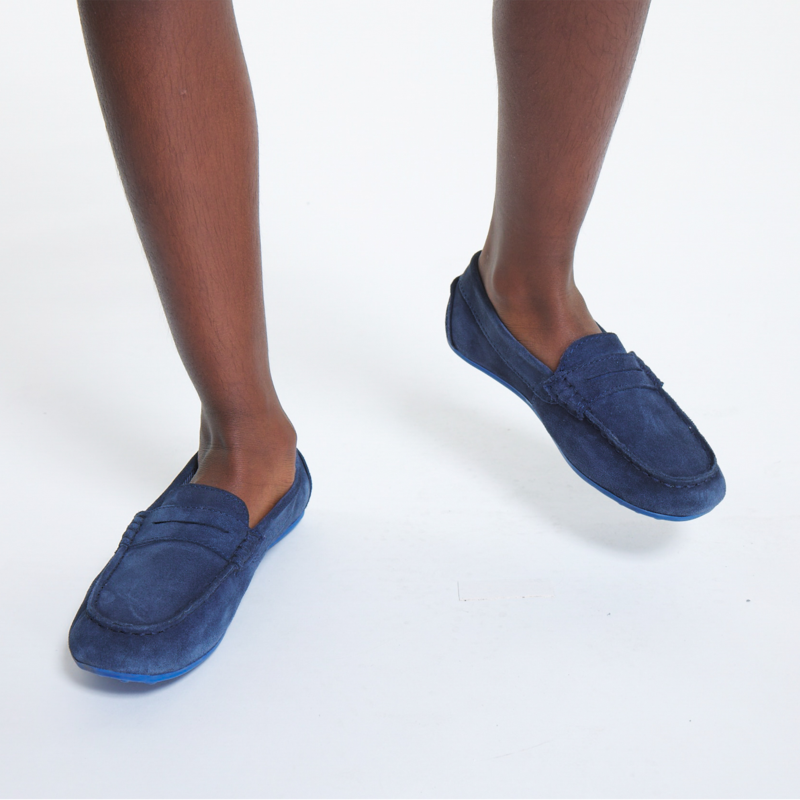 Mocassins croûte de cuir uni bleu garçon