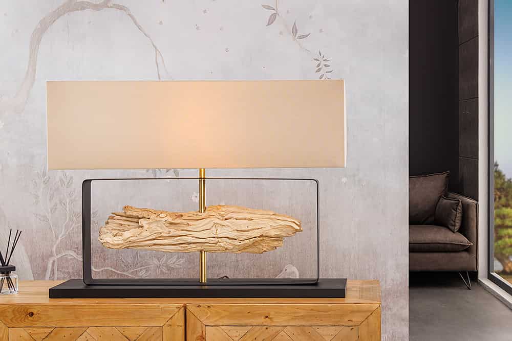 Handgefertigte Tischlampe ROUSILIQUE 80cm natur Eisenholz beige mit Lampenschirm