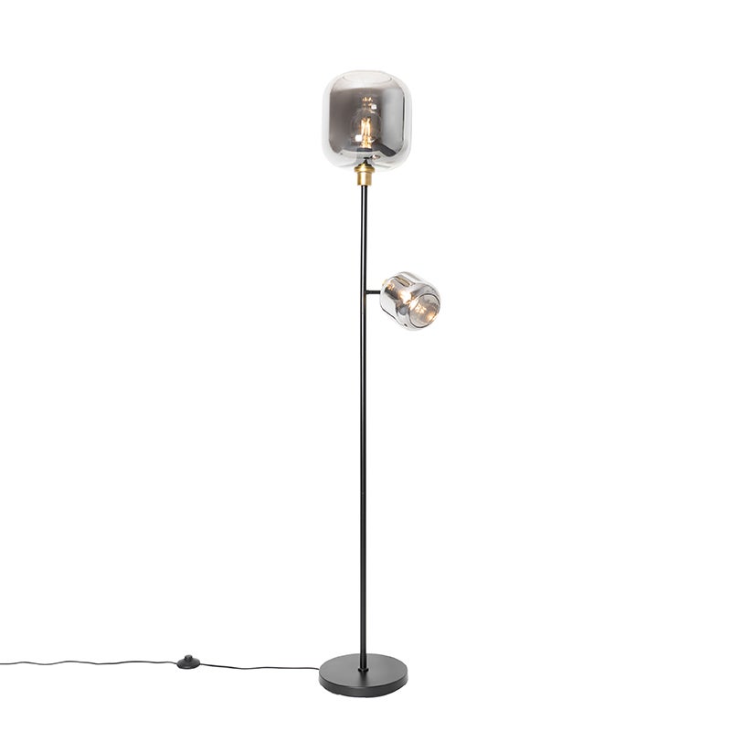 QAZQA - Moderne staande lamp, zwart met gouden accenten, messing met gerookt glas, 2 lampen - Zuzanna, woonkamer, slaapkamer - langwerpig - LED-compatibel, E14-fitting