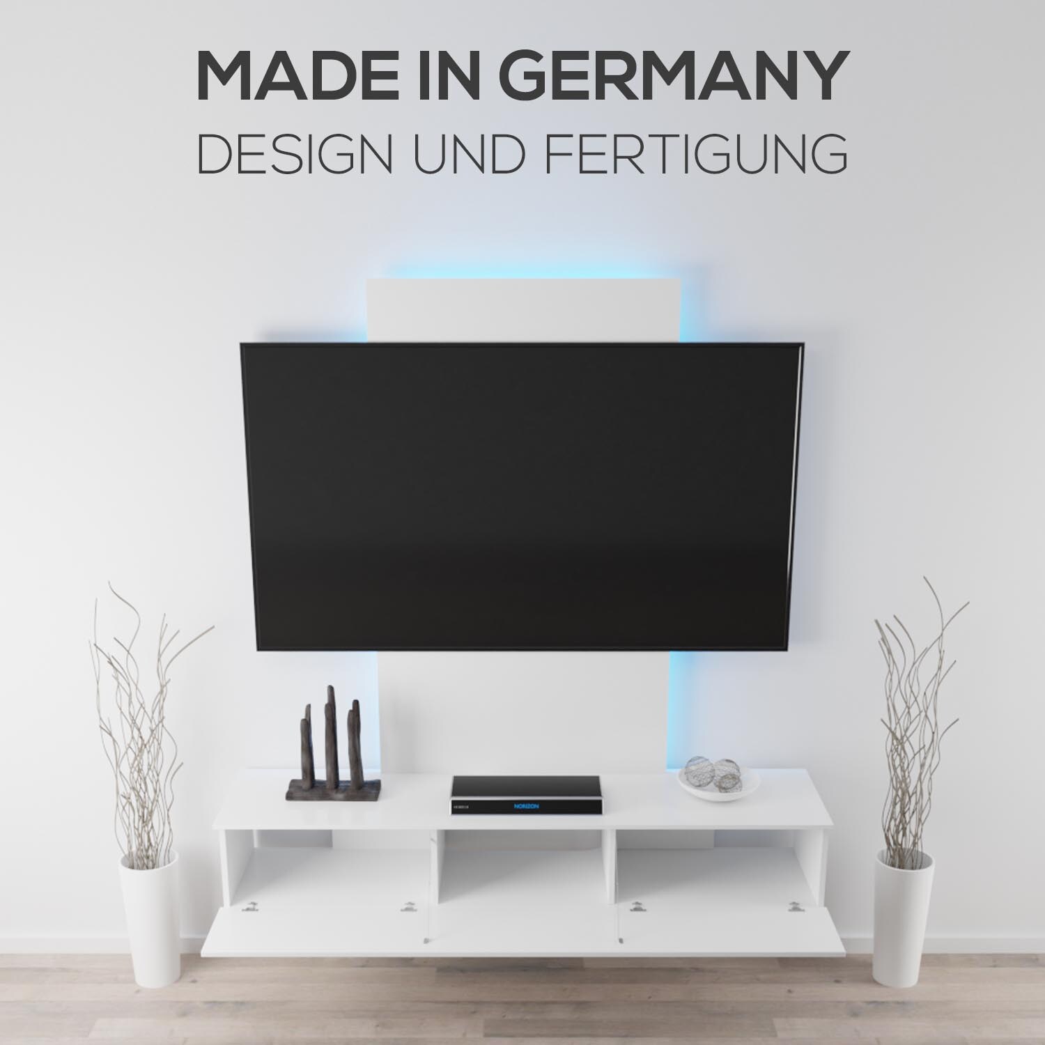TroniTechnik® TV Board Lowboard Möbel Schrank Unterschrank Weiß Hochglanz VELAN, mit LED, gegen Kabelsalat, Melamin