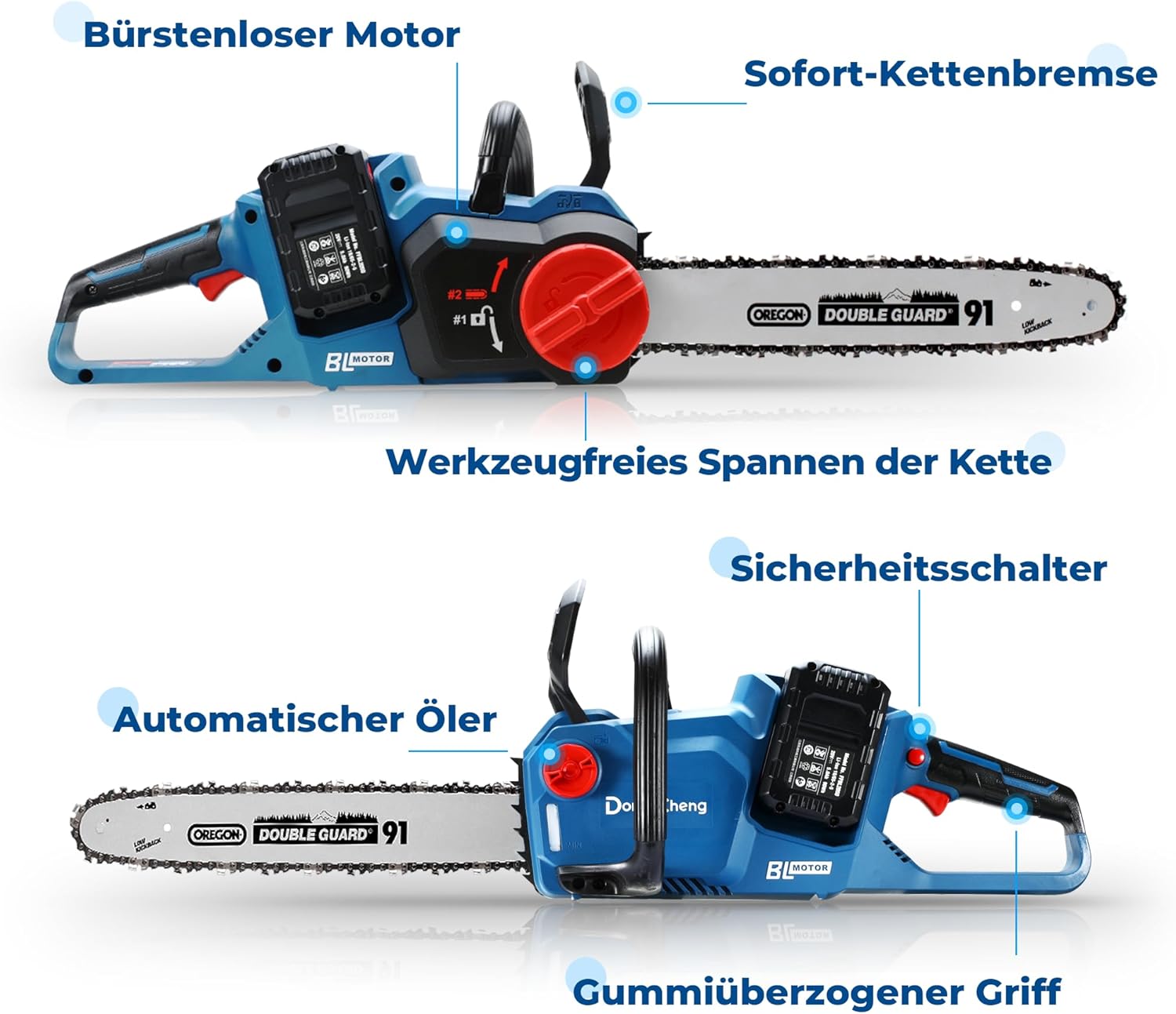 Dong Cheng Bürstenlose Akku Kettensäge 40V(2×20) V mit Oregon-Führungsschiene und Kette, werkzeuglose Kettenspannung, 38cm Schnittlänge, 14m/s Kettengeschwindigkeit für Holz und Gartenarbeit