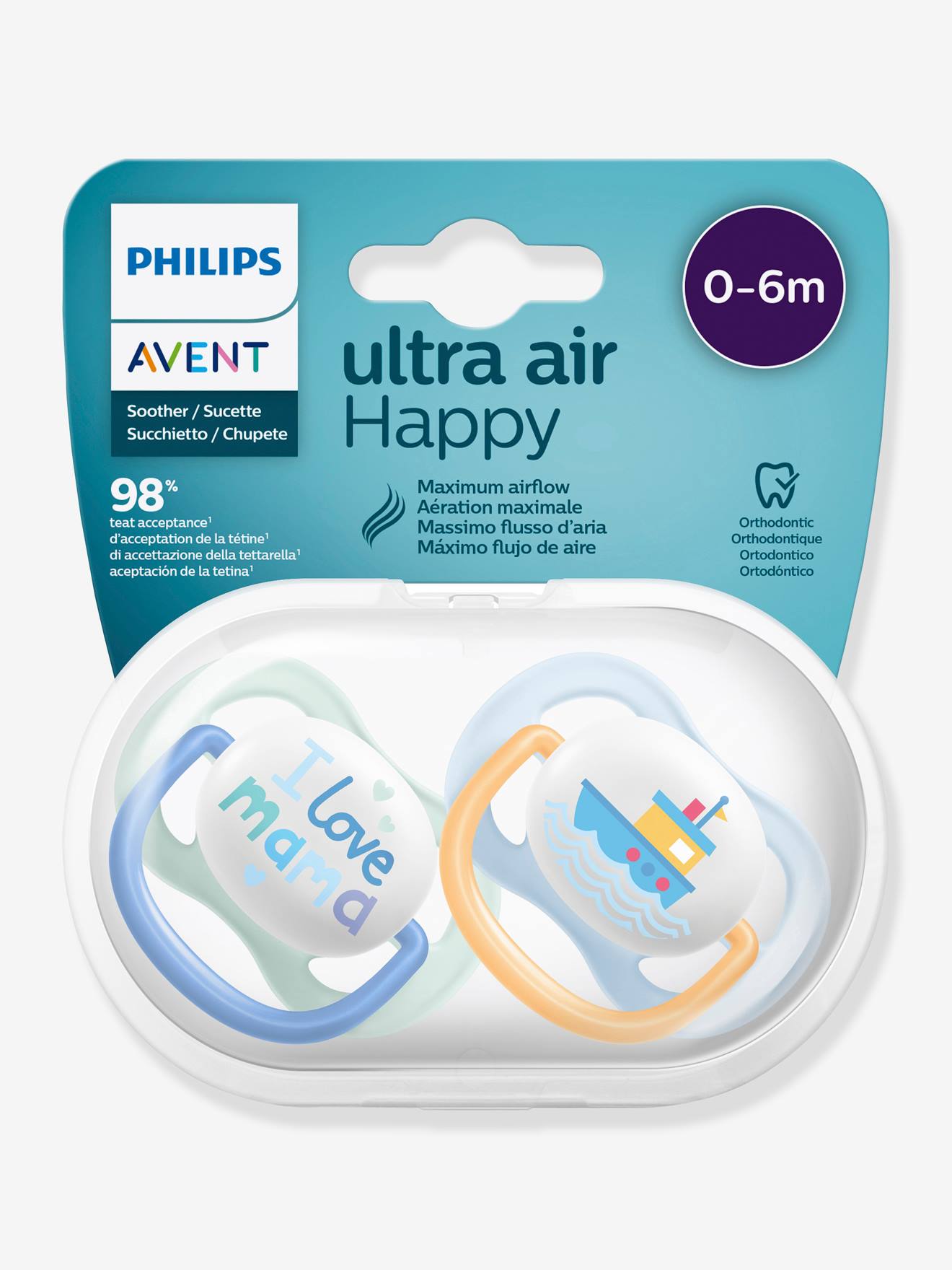 Lote com 2 chupetas Philips AVENT Ultra Air Animals, para bebês de 1ª geração, brancas, lisas com estampas.