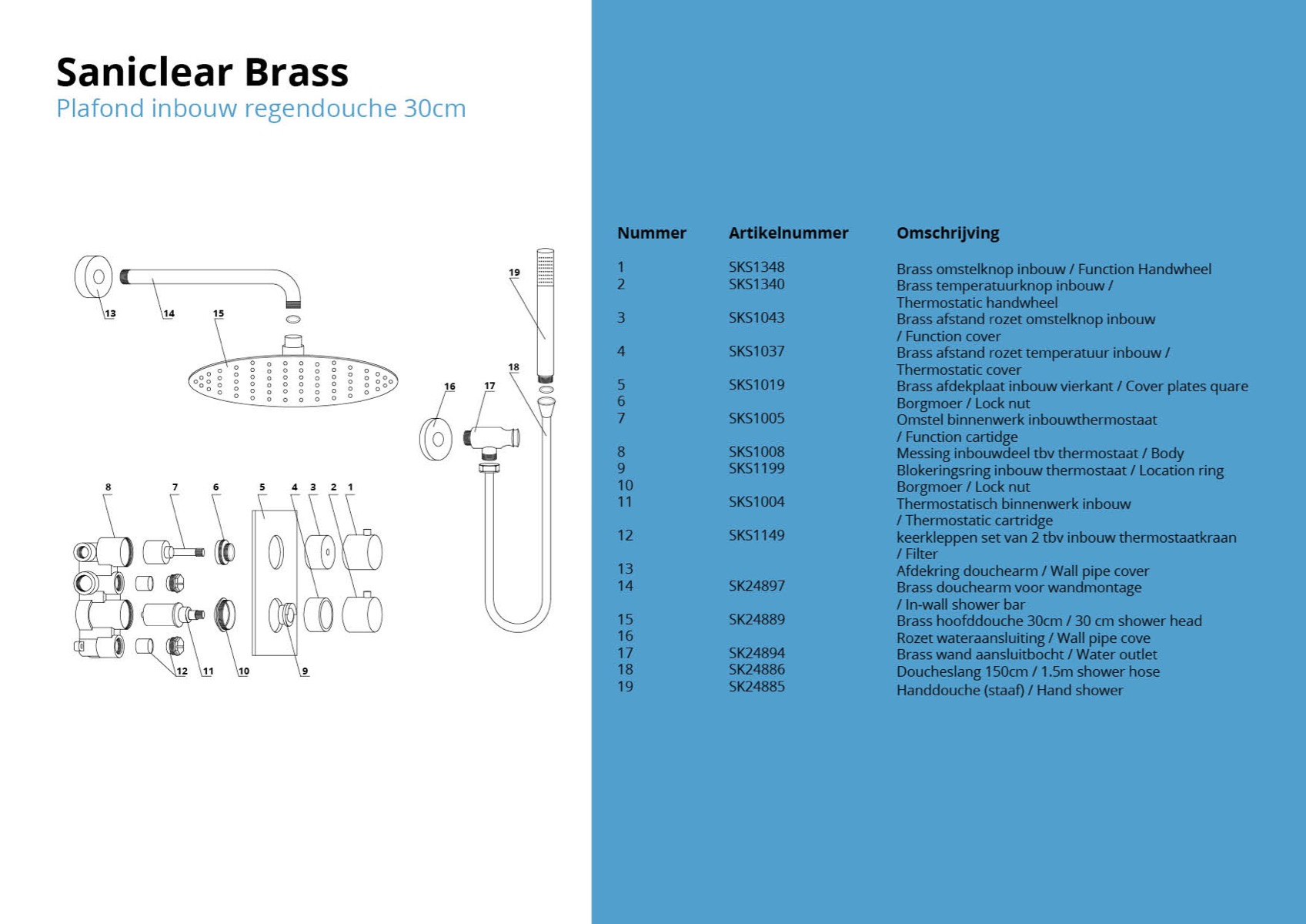 Saniclear Brass inbouw regendouche met wandarm en 30cm hoofddouche geborsteld messing / mat goud
