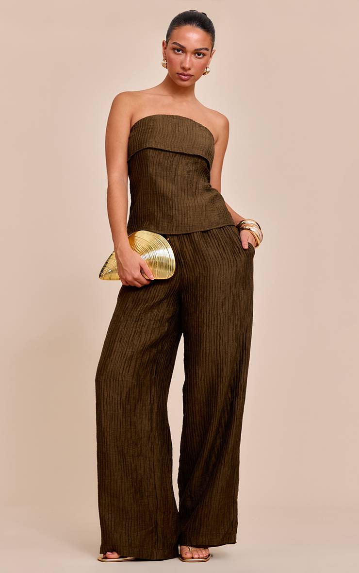 Kaki Pantalon Large Taille Mi-haute En Tissu Texturé Tissé