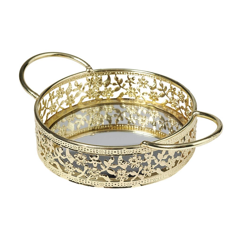 Plateau déco dorée fond en verre avec poignées