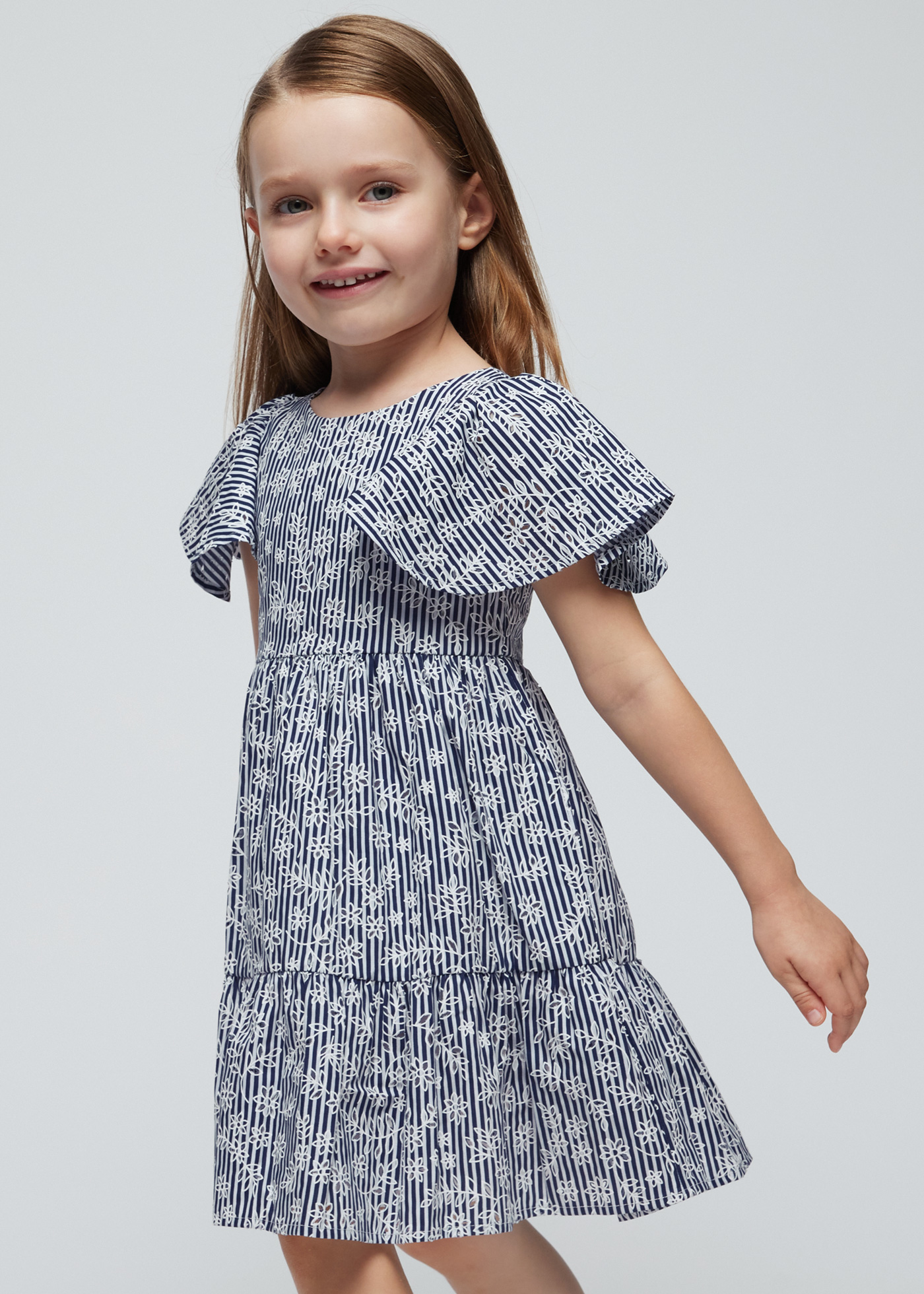 Vestido listrado de popeline para meninas, cor tinta