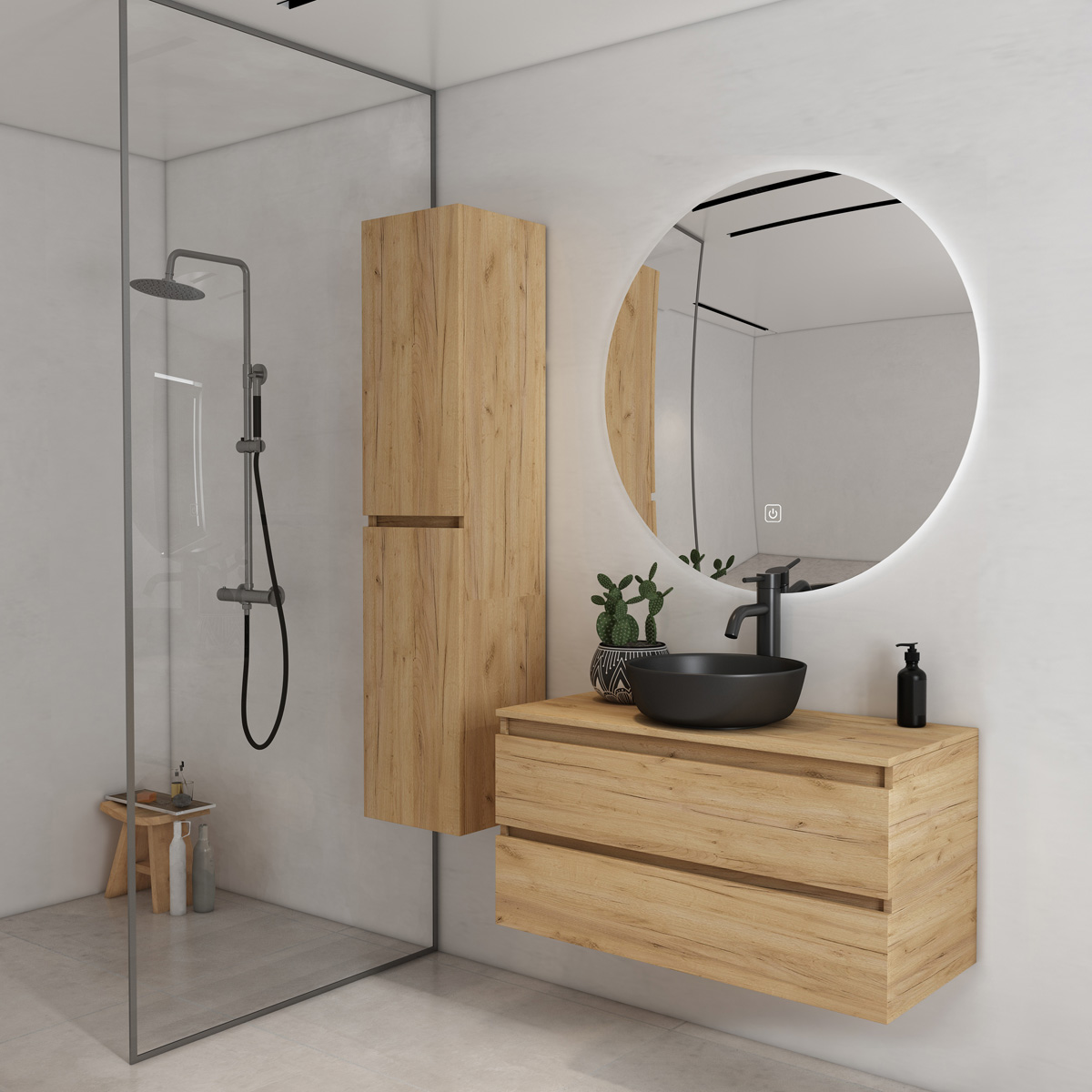 Fontana Proma badkamermeubel 100cm met zwarte waskom en LED spiegel warm eiken