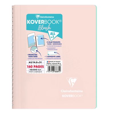 Clairefontaine Koverbook - Cahier polypro A5 - 160 pages - petits carreaux (5x5 mm) - disponible dans différentes couleurs pastels