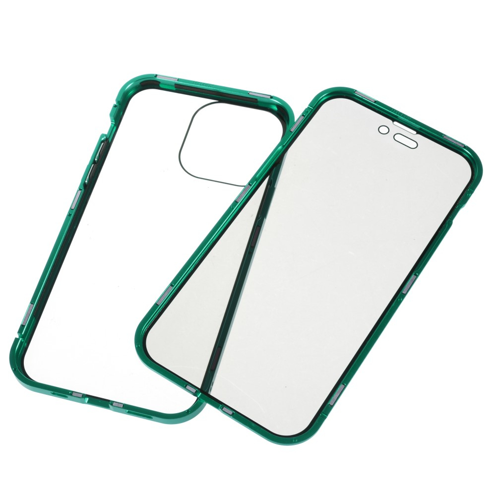 iPhone 14 Pro Max Magnetische Alu Schutzhülle mit Panzer Glas Backcover   Privacy Glas Displayschutz (Magnet-Technologie) - Grün