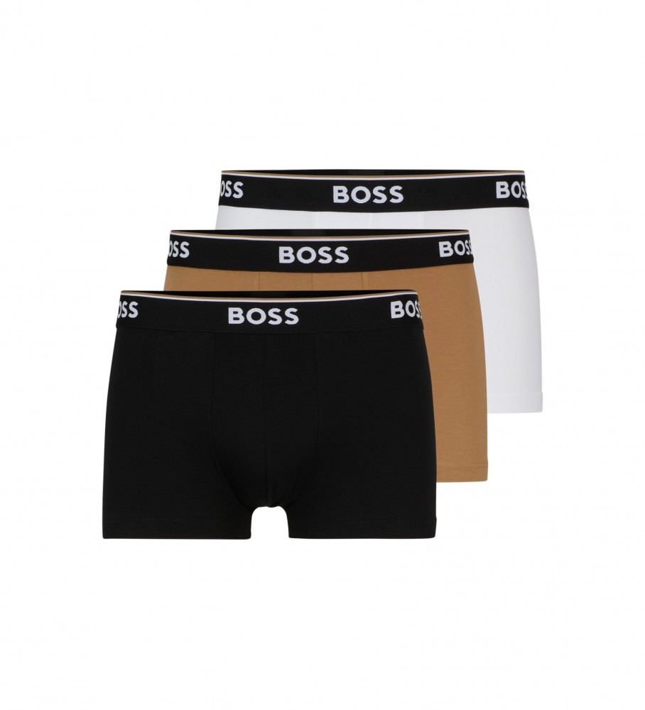 Cuecas Boxer BOSS, Pacote com 3 unidades: Preto, Marrom e Branco