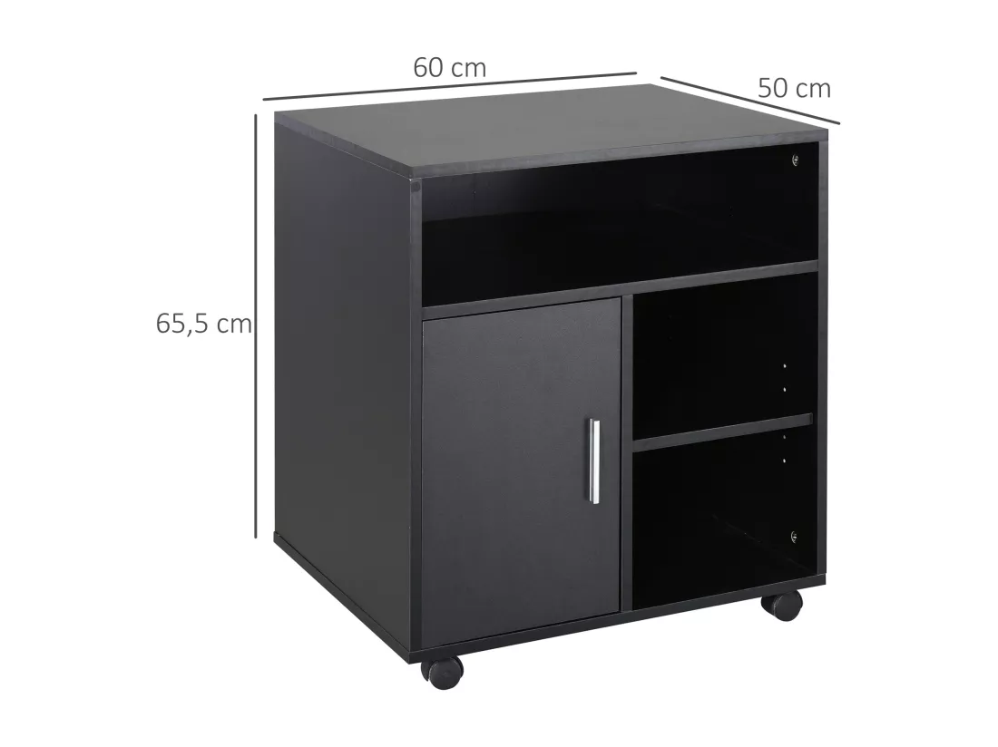 HOMCOM Support d'imprimante organiseur bureau caisson placard porte 3 niches + grand plateau panneaux particules noir