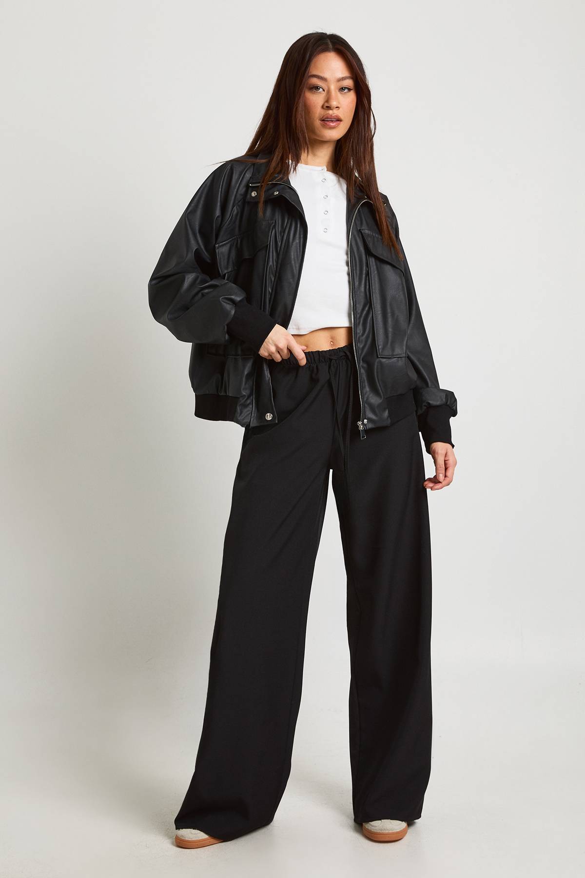 boohoo Pantalon Large Taille Haute Élastiquée Avec Cordon De Serrage Tissé Pour Grande Taille