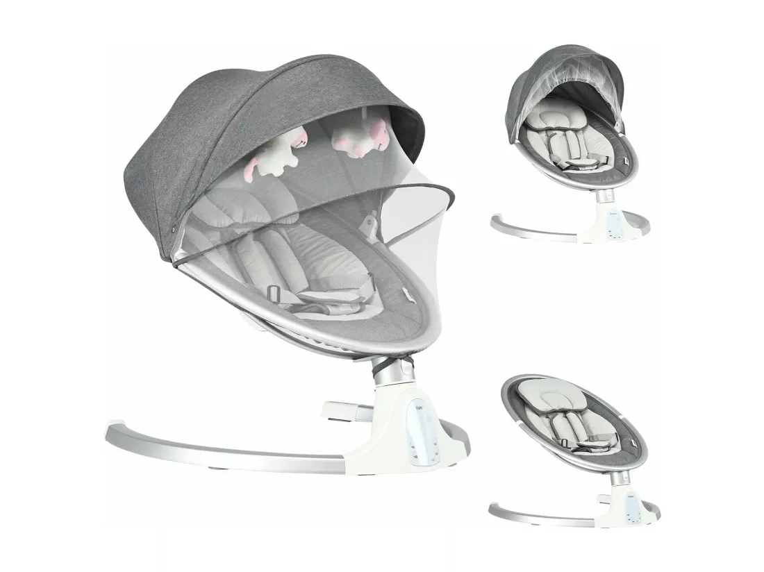 Transat Bébé Électrique avec 5 Amplitudes/Balancelle Bébé 0-6 Mois Télécommandé avec Musique, 2 Jouets, Harnais à 5 Points, Minuterie 15-60 Min, Charge 9KG-Gris