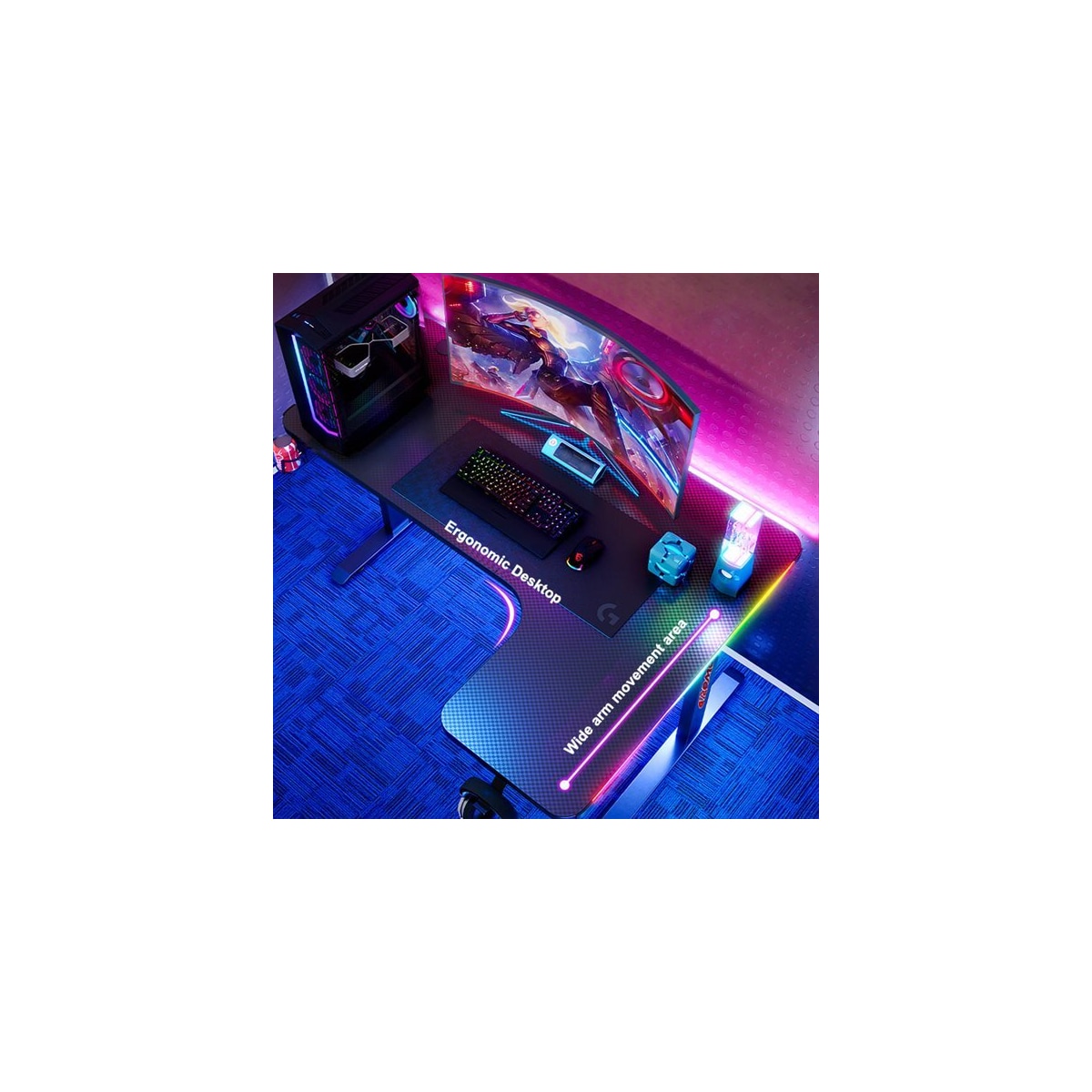 Venstrevendt gamingbord med justerbar bredde og karbonfiberstruktur