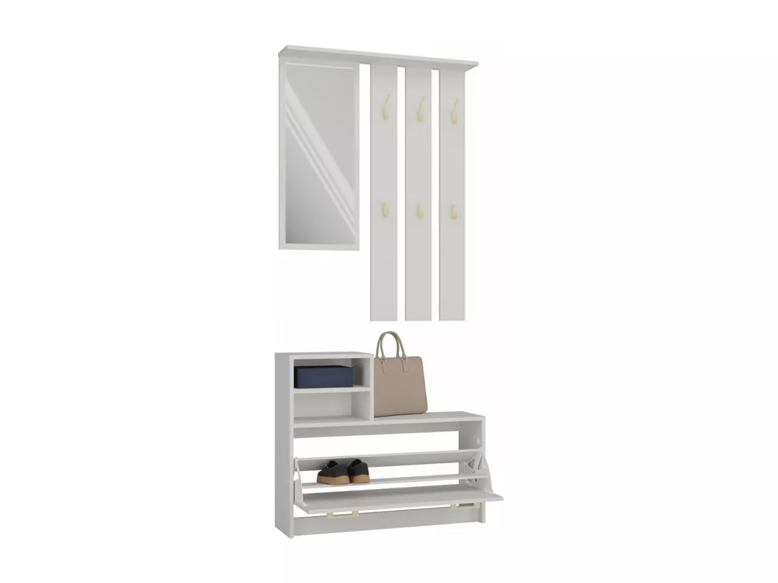 VITTORIA - Vestiaire d'entrée - Patère murale + miroir + rangement chaussures - 180x85x24 - Meuble d'entrée - Beige