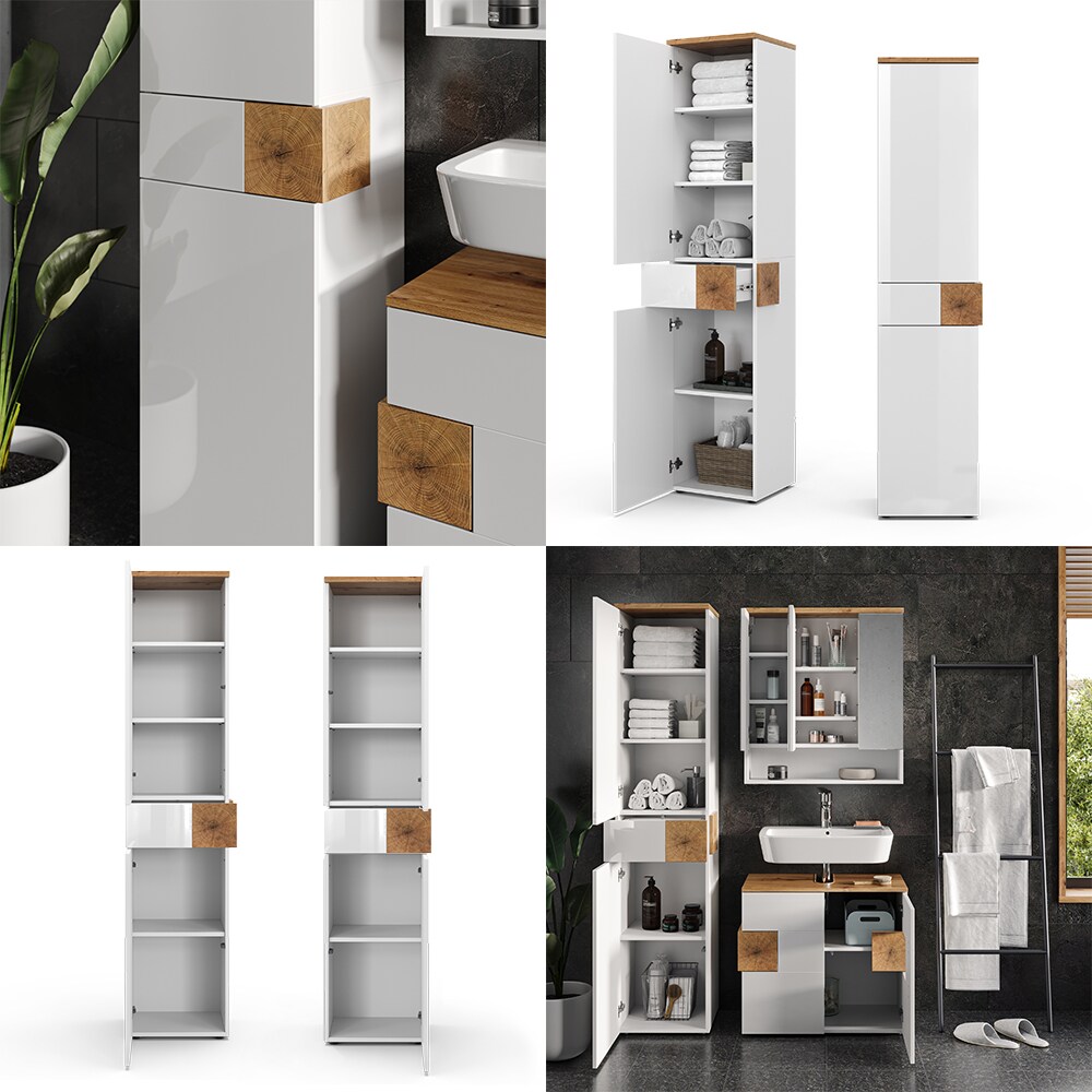 Vicco Hochschrank Badschrank Badezimmermöbel Eden Weiß Artisan modern 40x184 cm Badkommode Badezimmer Schrank Badmöbel 2 Türen Schublade 5 Fächer Hochglanz