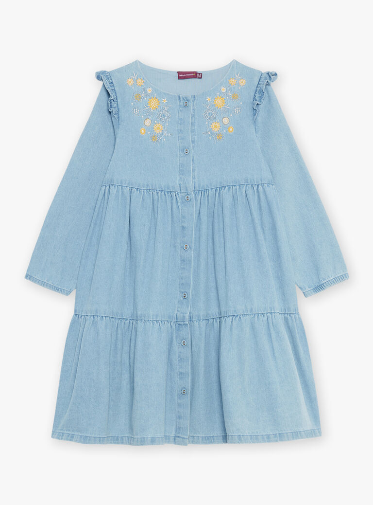 Robe en denim bleu à broderies fleuries