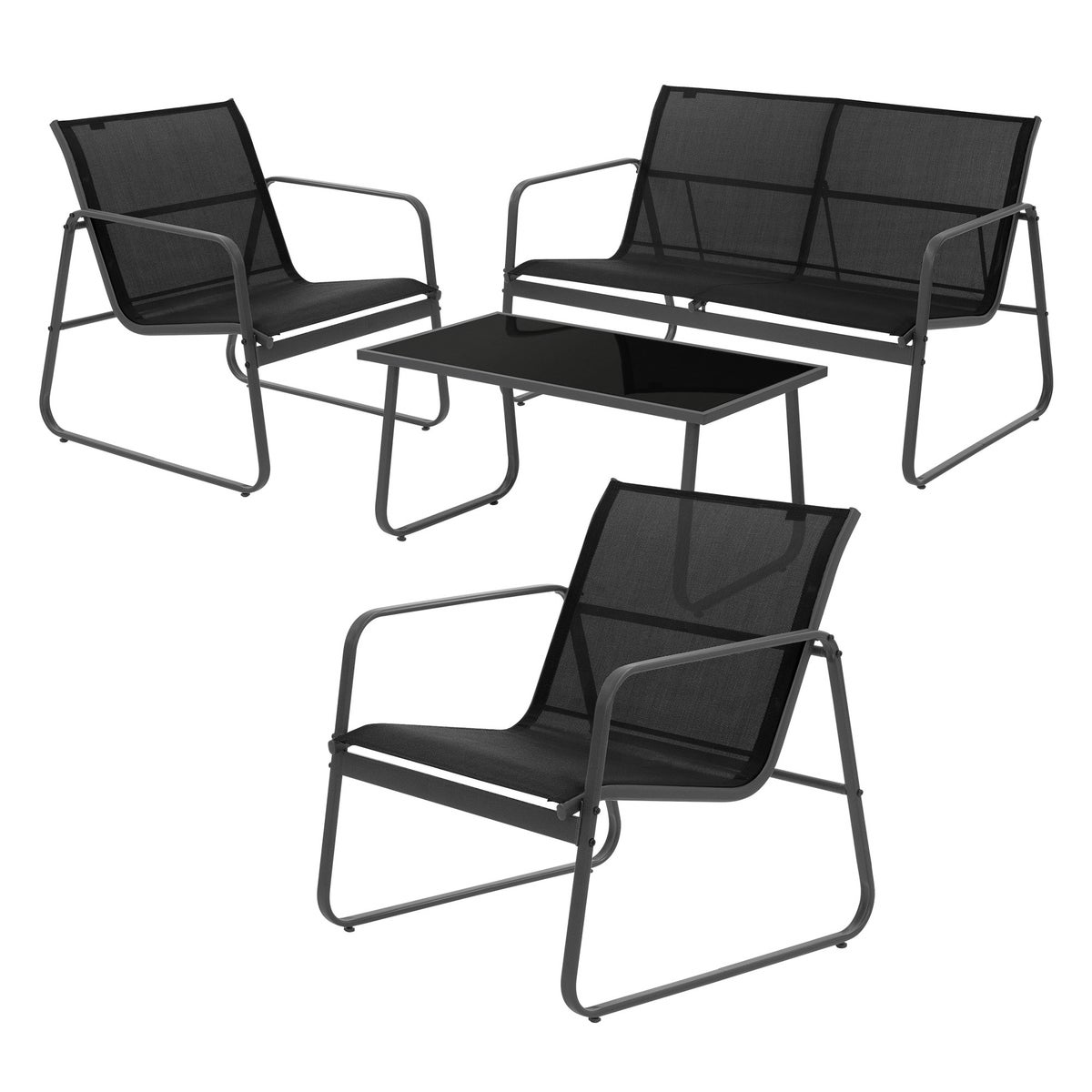 ML-Design 4-delige tuinmeubelset, zwart, balkonmeubel van staal & textileen voor 4 personen, tuinzitgroep met glazen tafel, bank en 2 fauteuils, weerbestendig, tuinmeubelset voor balkon, terras