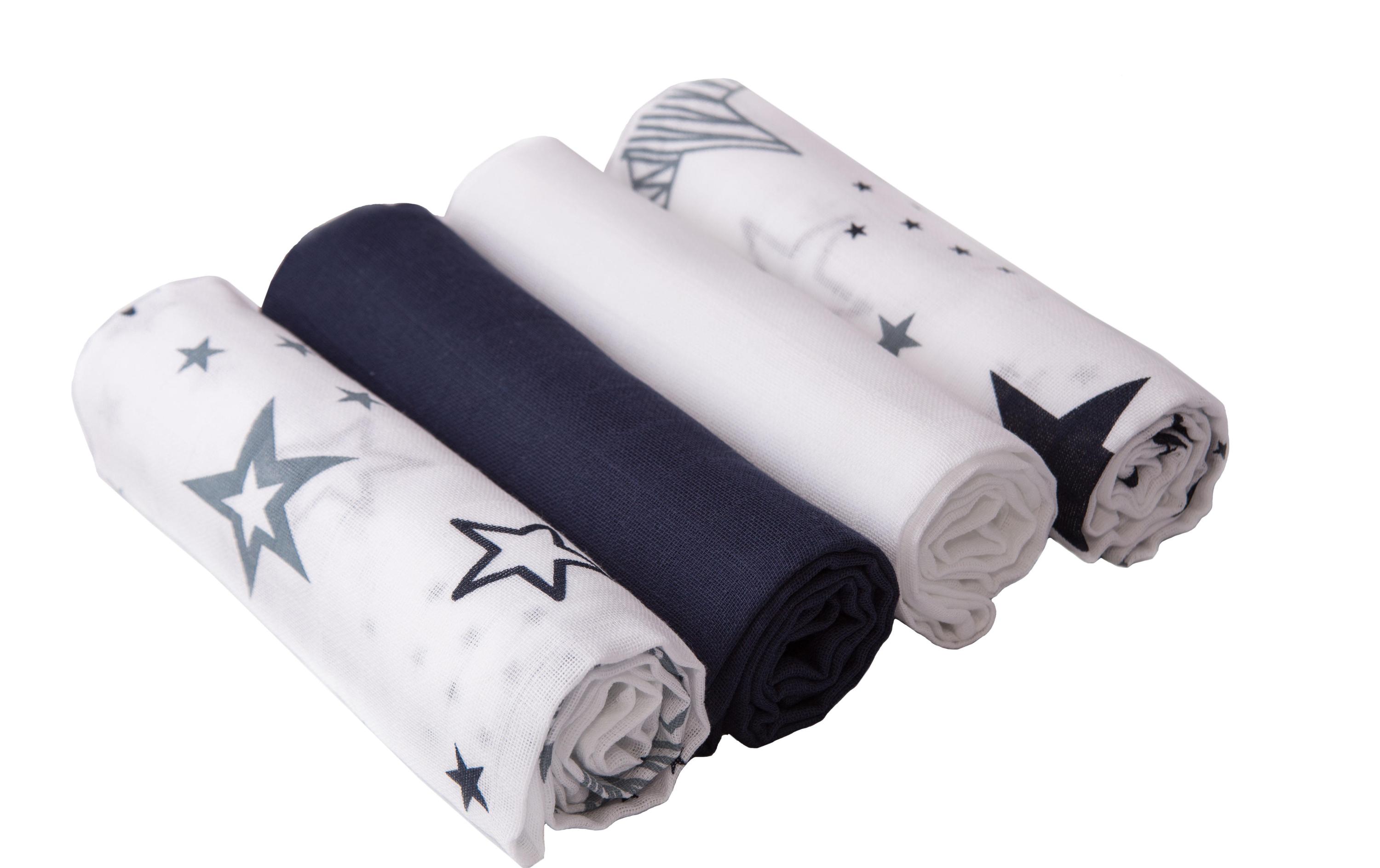 Mulltuch 4-er Set 80 x 80 cm Marine und Weiss SterneMulltücher 80 x 80 cm Marine / Weiss Sterne