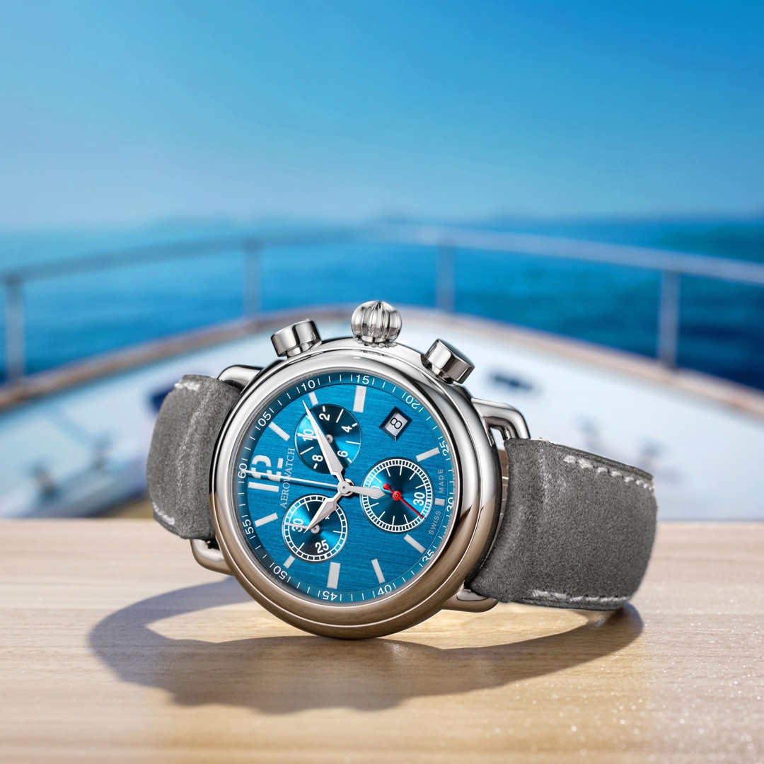 Aerowatch 1942 Quartz Chrono Leder Grau / Silbrig & Blau Ø 44mm