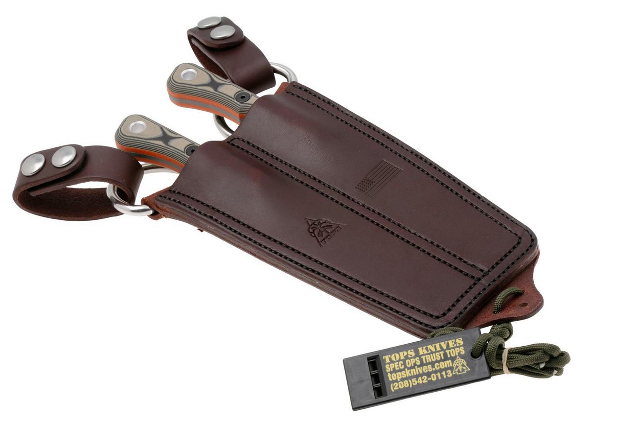 TOPS Knives Muley Combo MCMB-01, 154CM Tumble Finish, Tan Black G10, Leather Sheath, jacht set, Leo Espinoza design