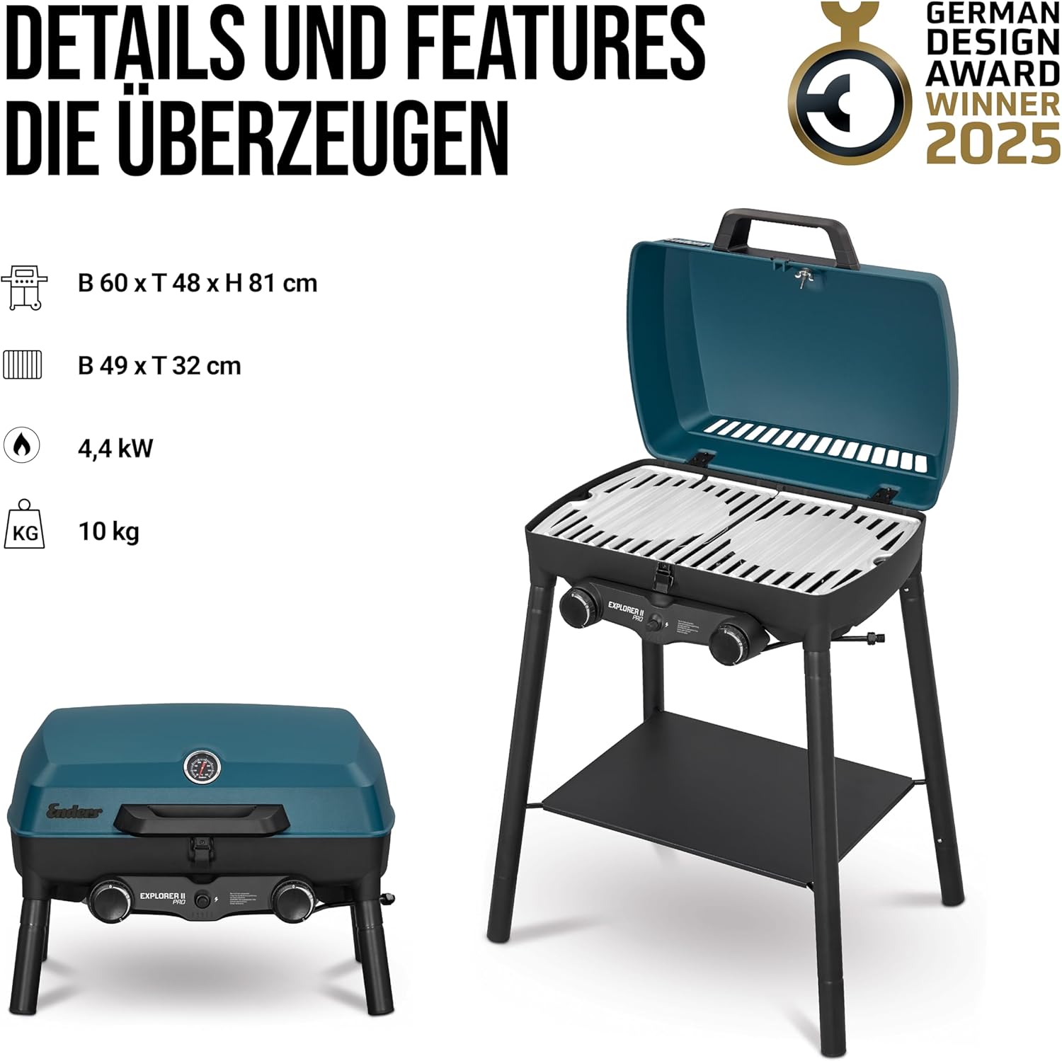 Enders Camping Gasgrill Explorer II Pro, Grill-Thermometer, Grillen-, Kochen-, Backen Funktion, 2 Brenner Edelstahl, kleiner Balkon-Picknick-Grill, Aluguss-Grillwanne #2108