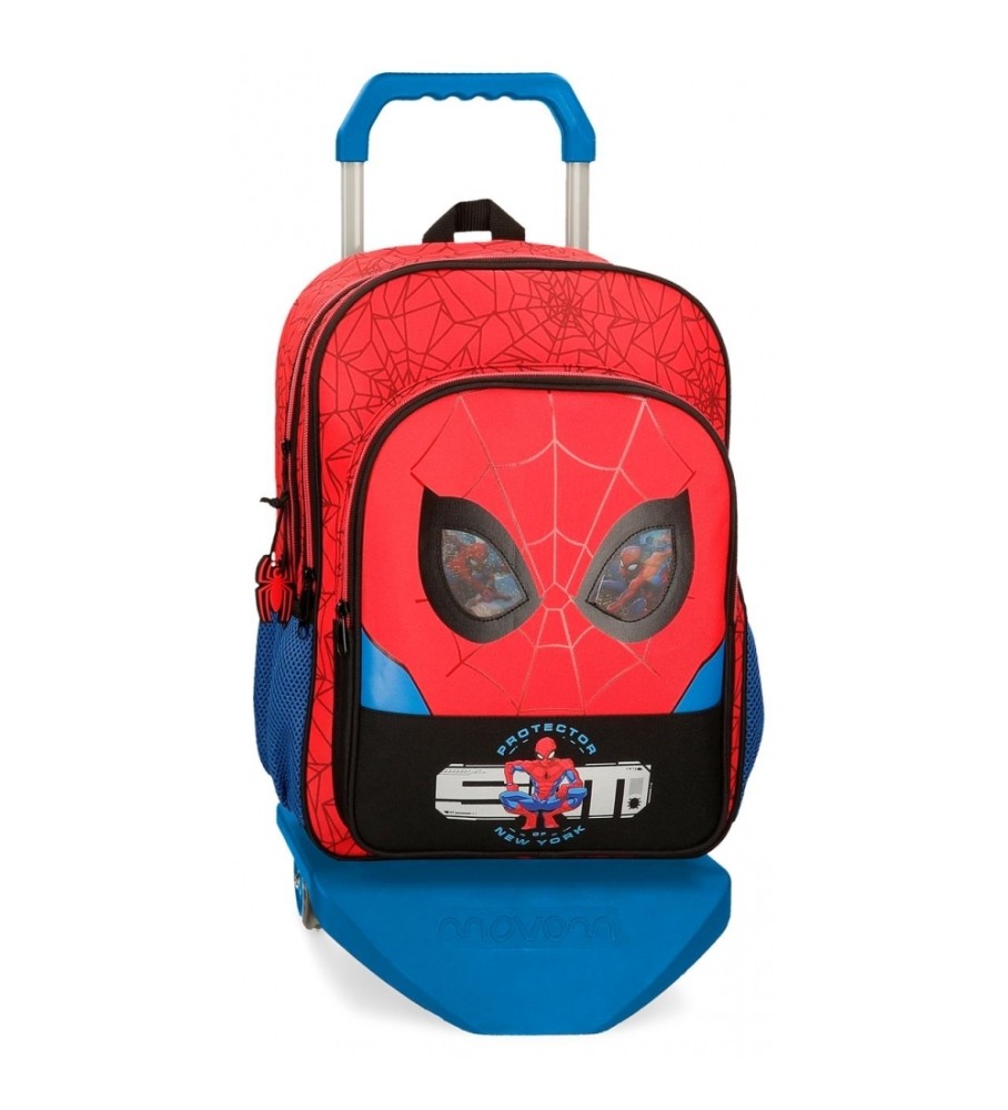 Mochila Disney Homem-Aranha com Dois Compartimentos e Rodinhas Vermelhas - 30x40x13cm -
