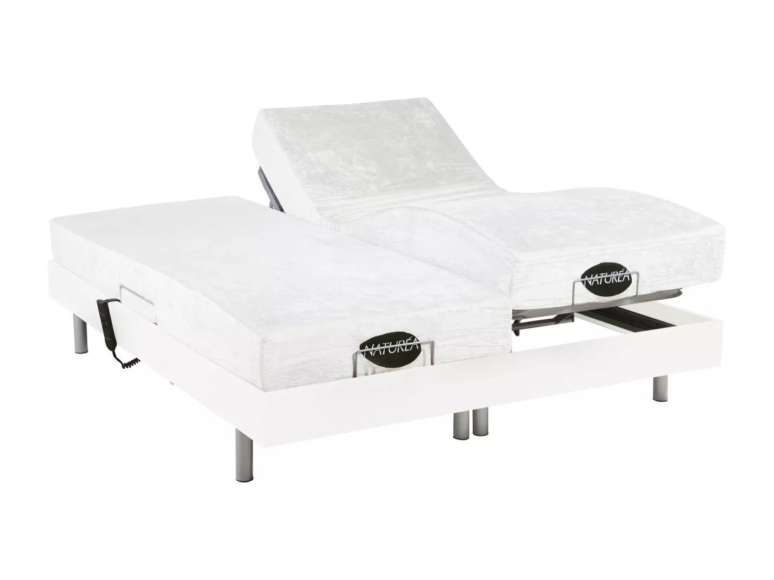 Lit électrique de relaxation tout plots + matelas mémoire de forme et bambou - 2 x 90 x 200 cm - Blanc - LYSIS III de NATUREA