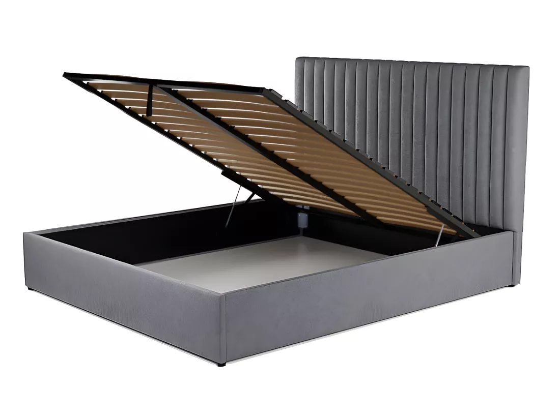 Lit coffre 160 x 200 cm avec tête de lit coutures verticales - Tissu - Gris + Matelas - SARAH