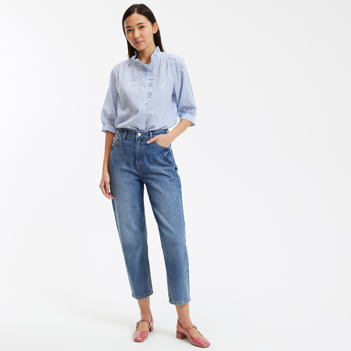 COLEÇÃO LA REDOUTE<br>Blusa listrada de algodão, gola vitoriana, mangas até o cotovelo