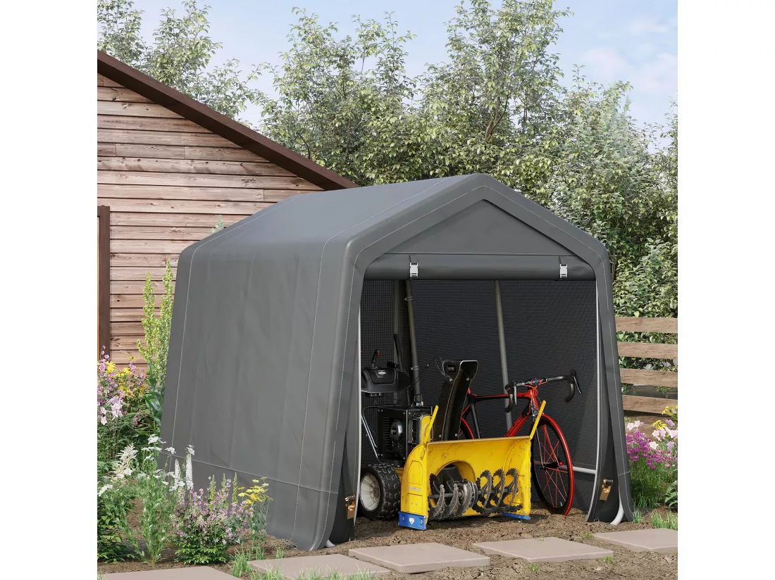 Abri de jardin - tente de stockage - abri de vélo - 2 portes zippées - dim. 280L x 240l x 240H cm - métal PE gris