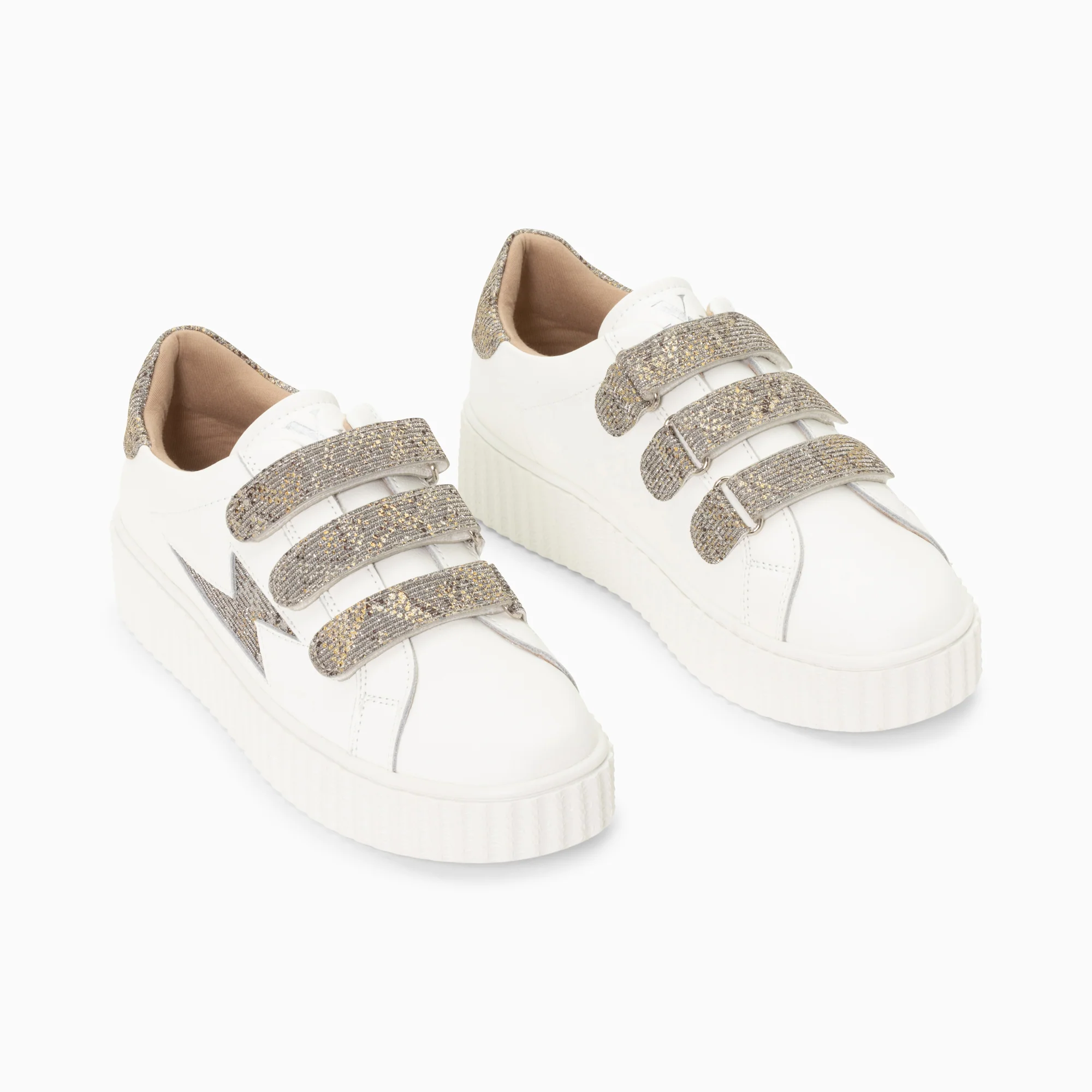 Sneakers-Baskets éclair Jane blanches en cuir à scratchs anthracite