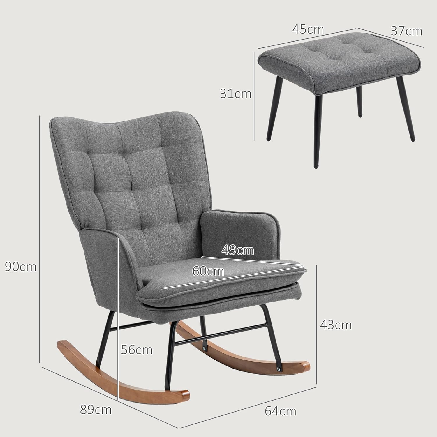 HOMCOM Schaukelstuhl Schwingsessel mit Hocker, Armlehnsessel, Sessel mit Leinenoptik, Schaukelsessel bis 130 kg Belastbarkeit für Schlafzimmer, Wohnzimmer, Dunkelgrau