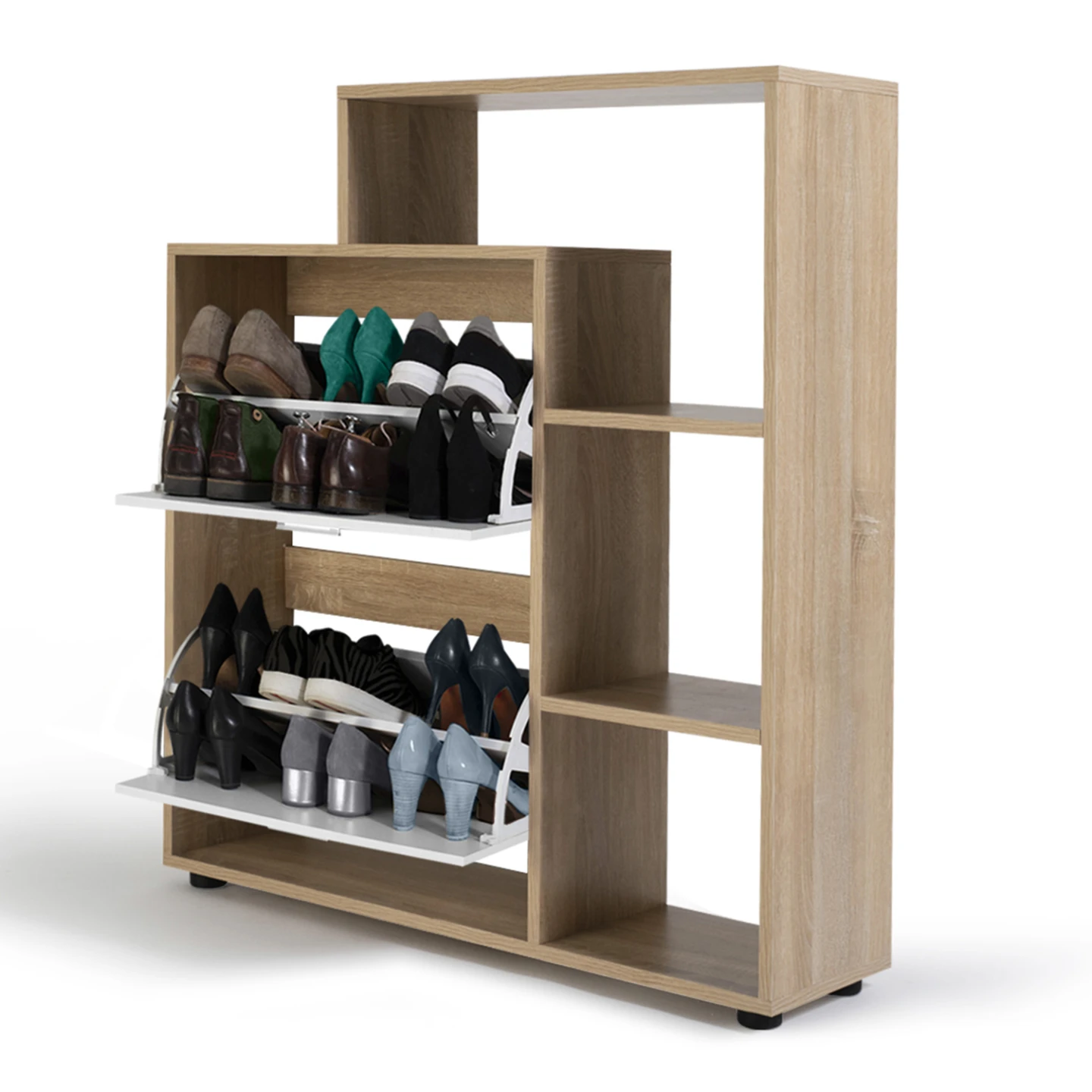 Meuble à chaussures 12 paires KLARK imitation hêtre 2 portes blanches avec étagère