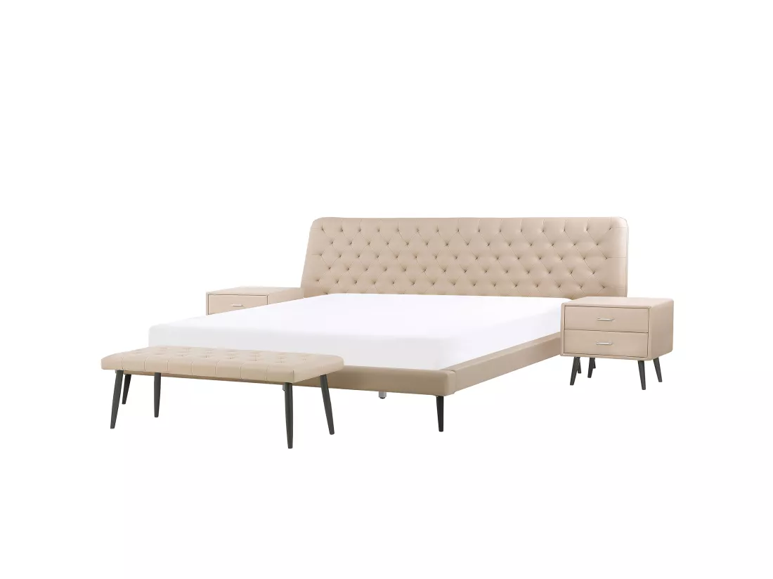 Ensemble de chambre Cuir PU ESSONNE 180 x 200 cm Beige