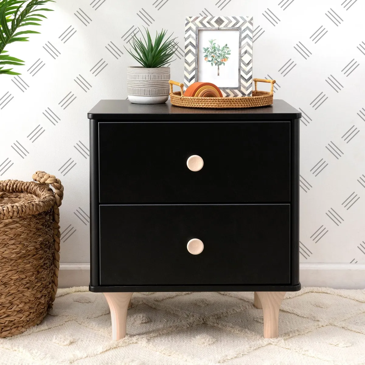 Babyletto Table de Nuit Lolly avec Port USB - Noir et Naturel Lavé