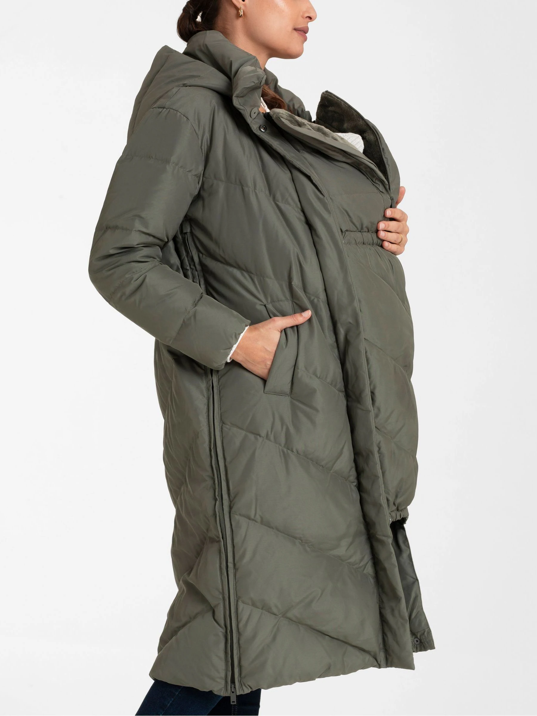 Khaki - Seraphine Lange Chevron 3 in 1 zwangerschaps- & draagjas met donsvulling