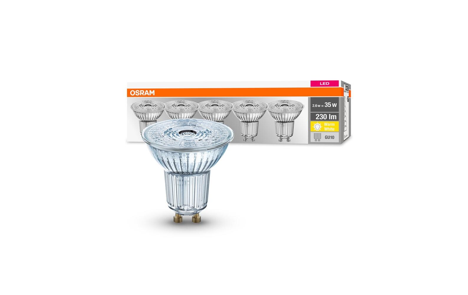 Lampe Base, 36° 2.6W, GU10 Warmweiss​, 5er BoxLED-Leuchtmittel
