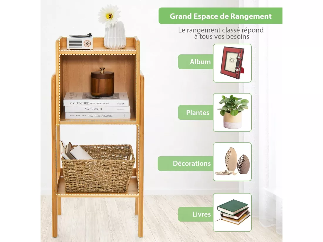 Bibliothèque Étagère Rangement en Bambou, Meuble Case Compartiment Cube, Pieds Bords Surélevés, Meuble Bibliothèque pour Petit Espace, Chambre, Salon, Cuisine (Jaune, 80 CM)