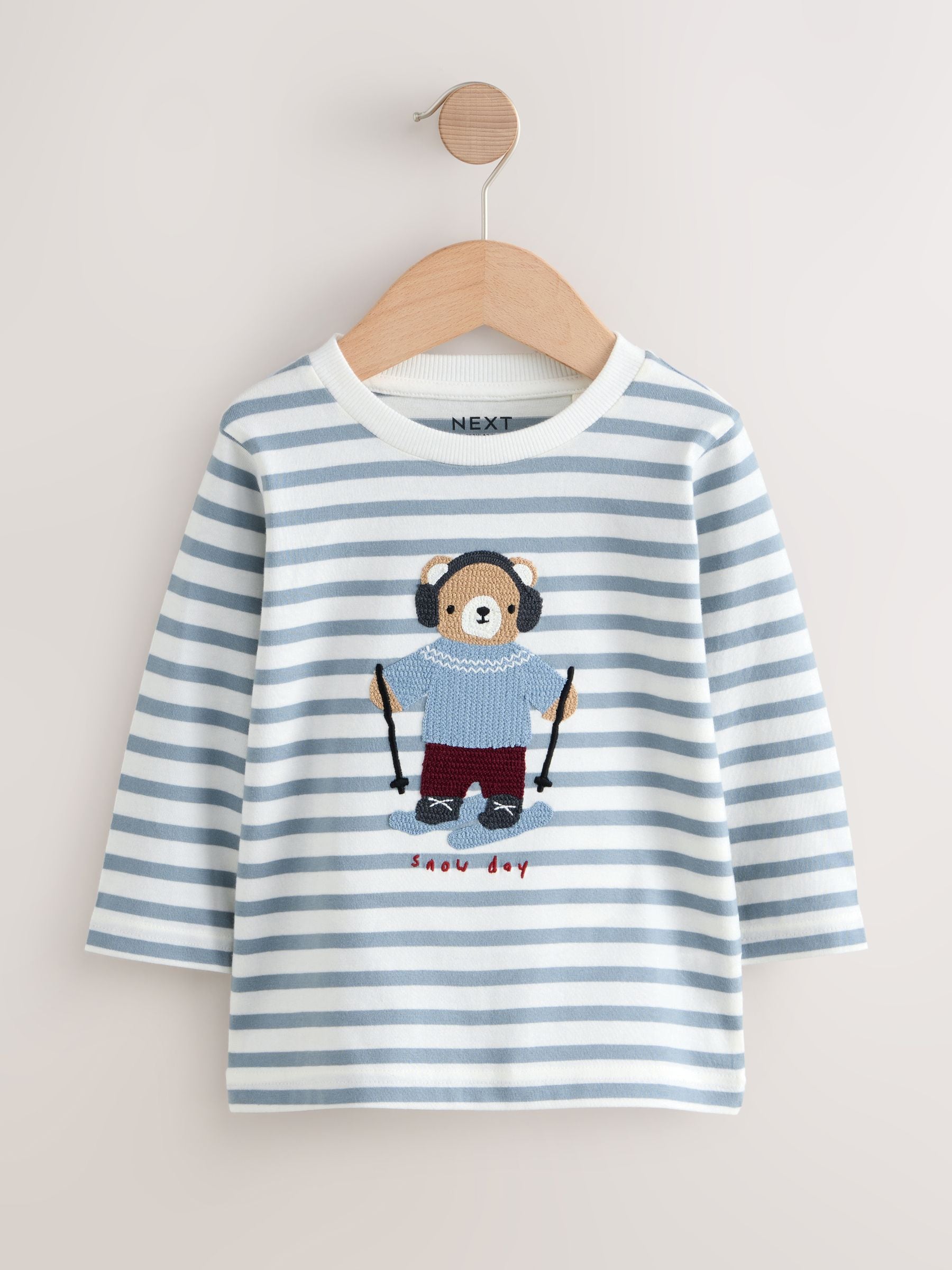 Wit/Blauw ski-ijsbeer - T-shirt met applicatie en lange mouwen (3 mnd-7 jr)