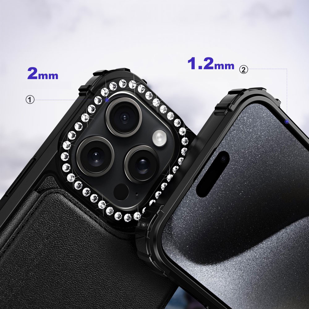 iPhone 15 Pro Leder Hülle mit Karten Portemonnaie   Aufstellfunktion   Glitzer Kameraschutz - Schwarz