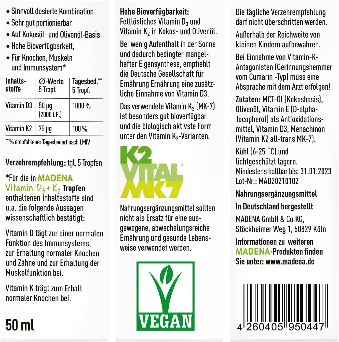 MADENA Vitamin D3 und K2 Menachinon all-trans MK-7