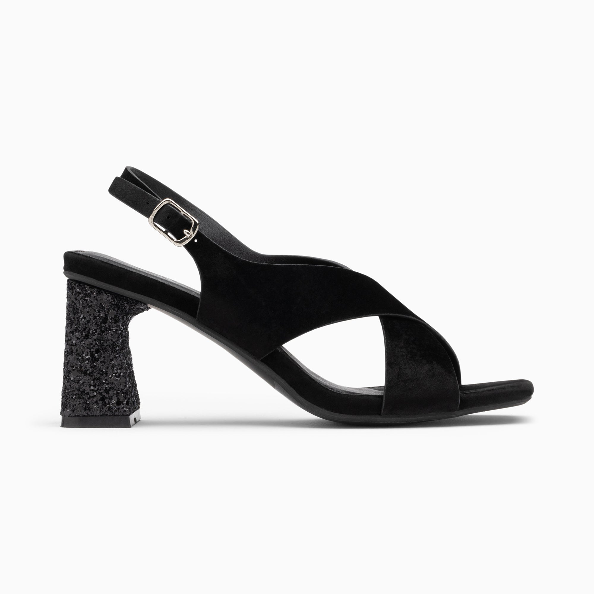 Sandales à talon, Compensées-Sandales Milan noires à brides croisées et talon noir pailleté