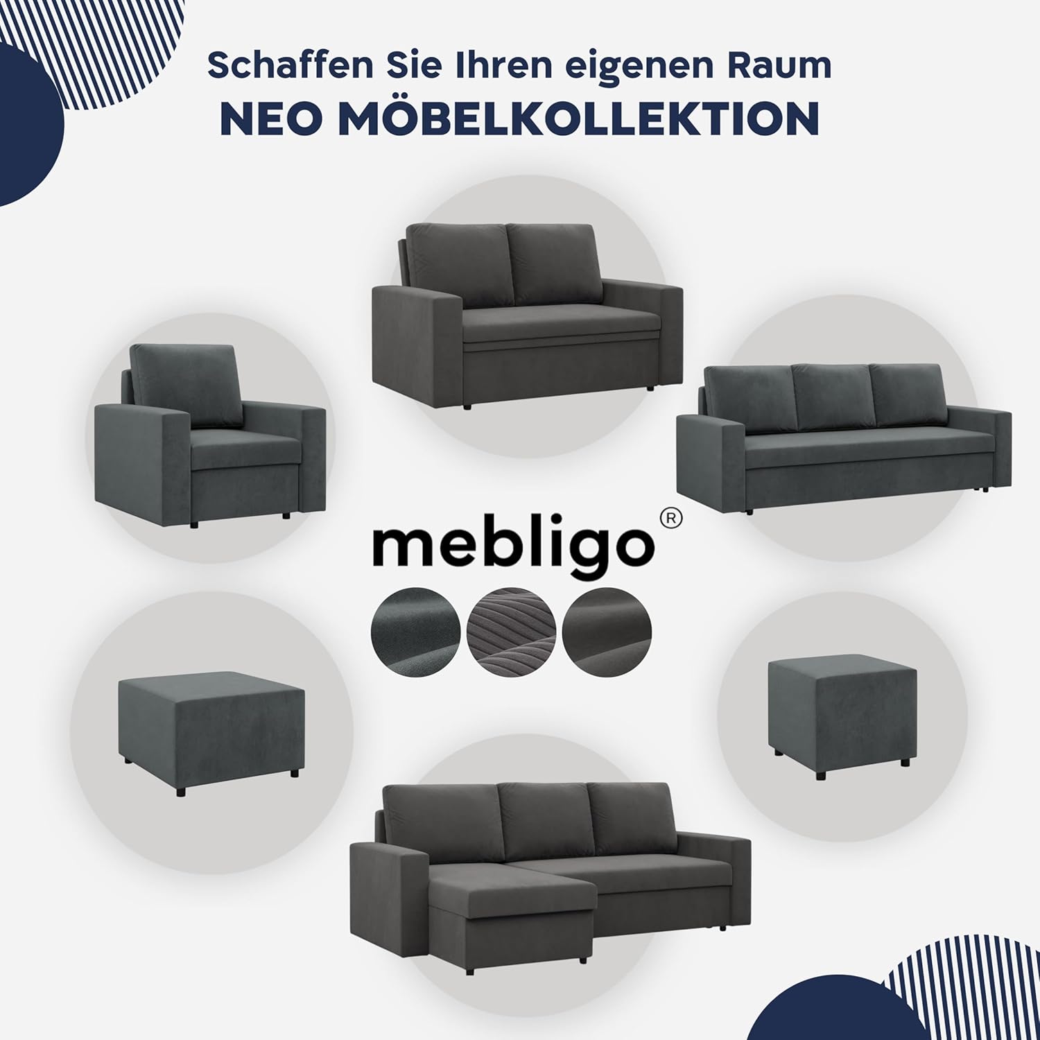 Mebligo - NEO Kollektion Sofa 2 Sitzer Mit Schlaffunktion 148 x 90 x 87 cm, Schlafsofa Mit Bettkasten, Kleines Wohnzimmer Sofa in Grau
