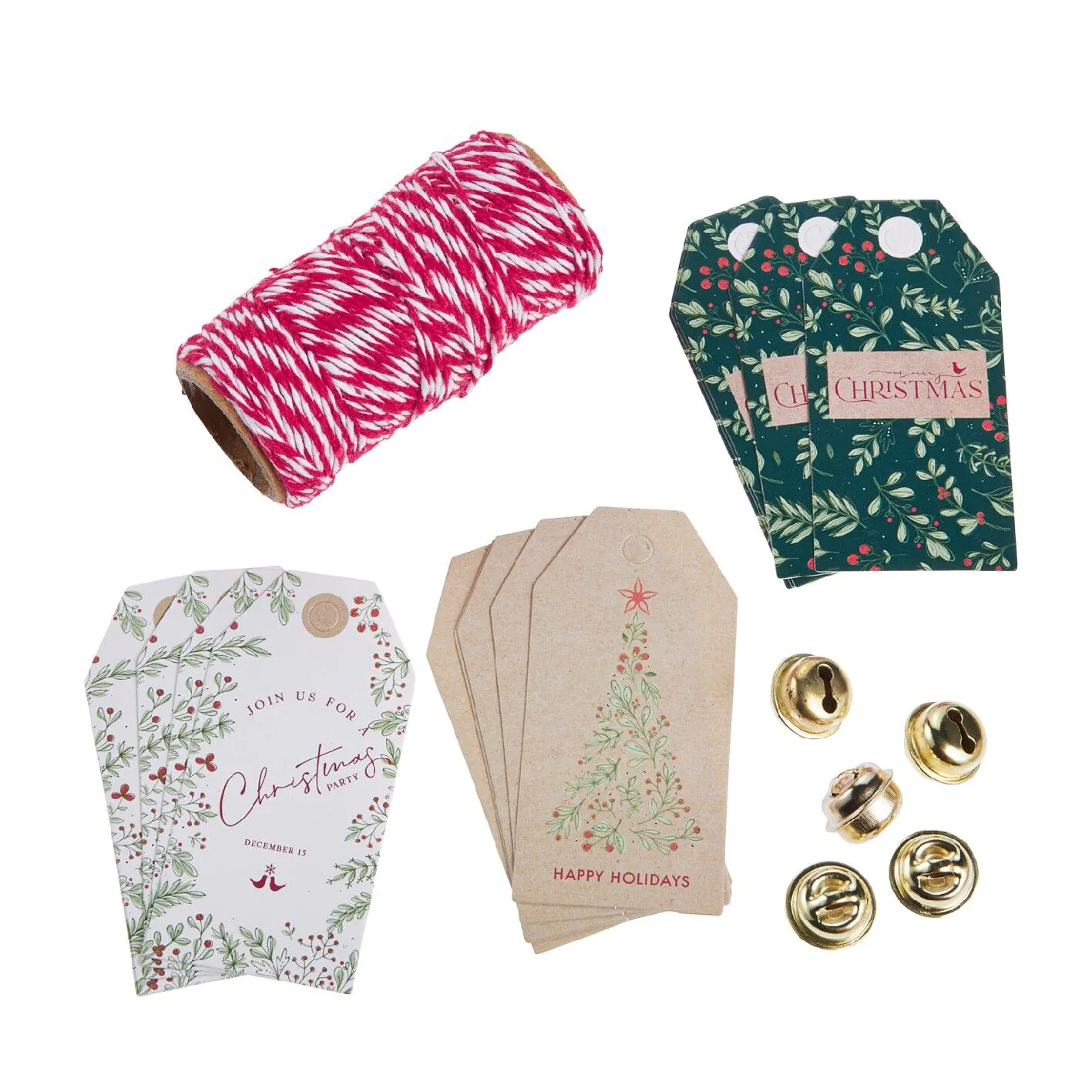 Geschenke-Set, rot-weiß-creme, Kordel/Anhänger/Glocke